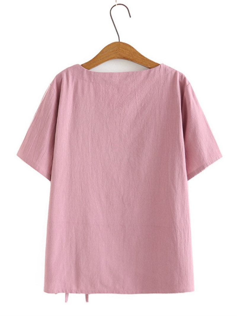 Didelio dydžio marškinėliai moterims 4xl skalbtos medvilnės, 2022 m. vasaros laisvalaikio marškinėliai, siuvinėti raišteliais trumpomis rankovėmis