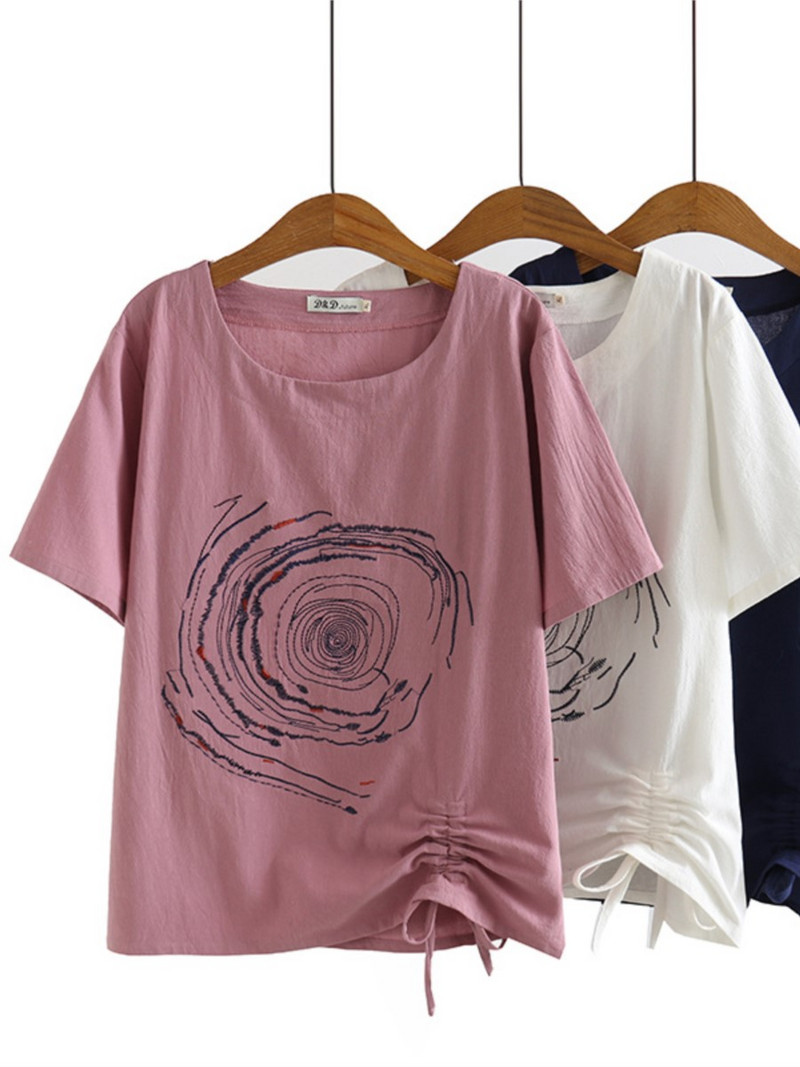 Didelio dydžio marškinėliai moterims 4xl skalbtos medvilnės, 2022 m. vasaros laisvalaikio marškinėliai, siuvinėti raišteliais trumpomis rankovėmis