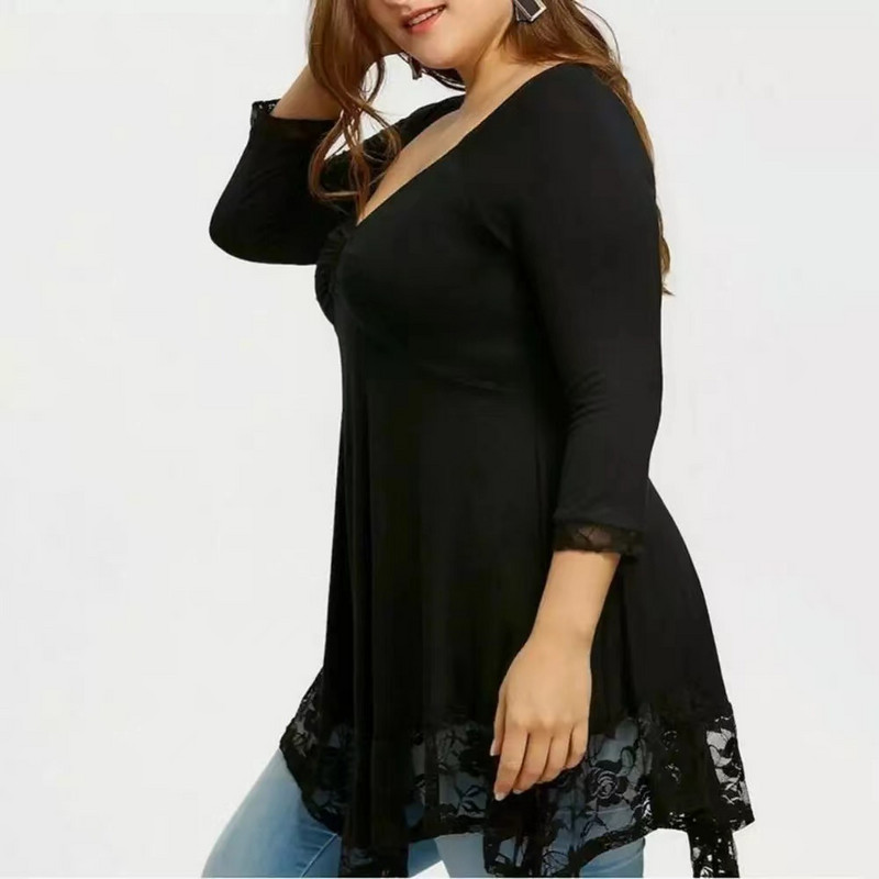 Liela izmēra 5XL ziedu mežģīņu apakšmala Sexy Tunika T krekls Sieviešu pavasaris Rudens Liela izmēra Topi Volāni Neregulāras peplum liela izmēra Blusas