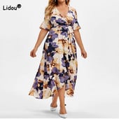 Bohēmiski V veida kakla izgriezuma ziedi ar apdruku Zivju astes šūpojošie svārki ikdienas pārsējs ar īsām piedurknēm viduklis, brīvas neregulāras kleitas liela izmēra sievietēm