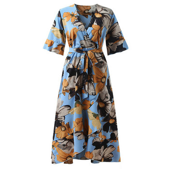 Bohemian V-Neck Flowers Printing Fishtail Swing Φούστα Casual Bandage κοντό μανίκι μέση Φαρδιά ακανόνιστα φορέματα συν μέγεθος γυναικείο