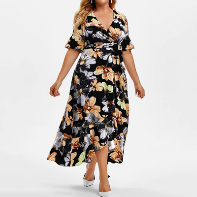 Bohēmiski V veida kakla izgriezuma ziedi ar apdruku Zivju astes šūpojošie svārki ikdienas pārsējs ar īsām piedurknēm viduklis, brīvas neregulāras kleitas liela izmēra sievietēm