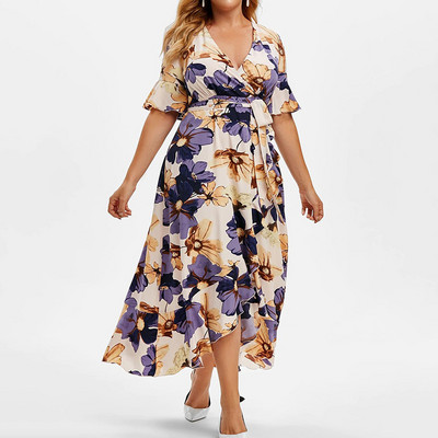 Bohēmiski V veida kakla izgriezuma ziedi ar apdruku Zivju astes šūpojošie svārki ikdienas pārsējs ar īsām piedurknēm viduklis, brīvas neregulāras kleitas liela izmēra sievietēm