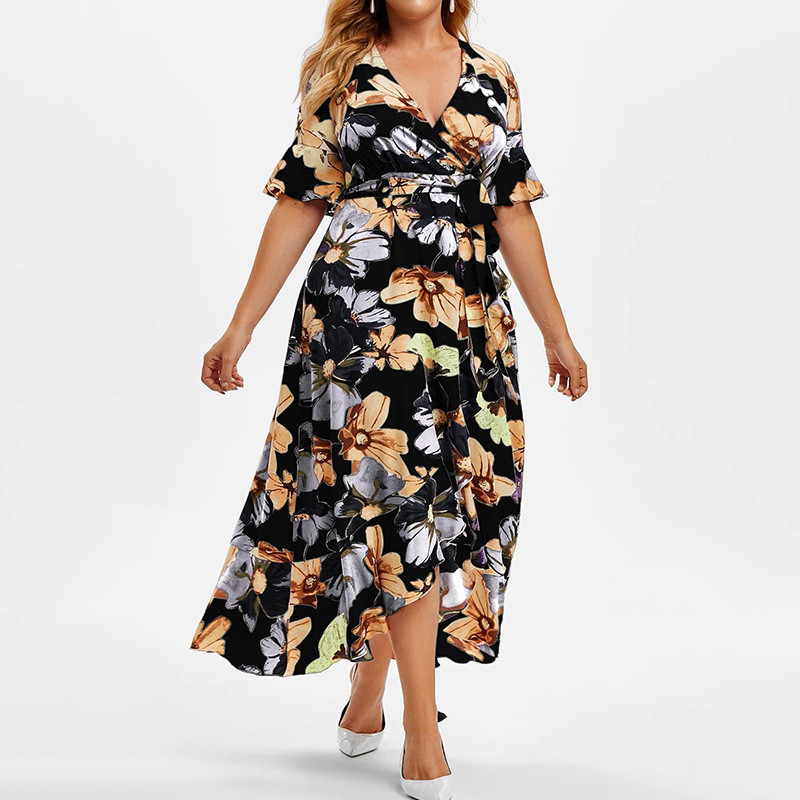 Bohēmiski V veida kakla izgriezuma ziedi ar apdruku Zivju astes šūpojošie svārki ikdienas pārsējs ar īsām piedurknēm viduklis, brīvas neregulāras kleitas liela izmēra sievietēm