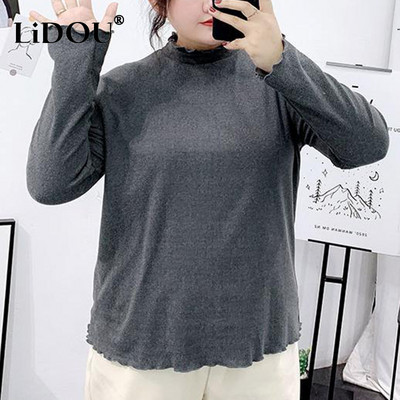 2023. gada jauns sporta elegants modes apakškrekls Harajuku puskakla liela izmēra T-krekli Mežģīnes vienkrāsains sieviešu tops ar garām piedurknēm