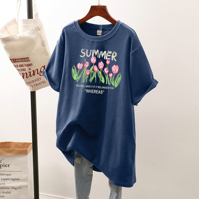 Kokvilnas L-4XL T kreklu kleita Liela izmēra T krekls vidēja garuma īsām piedurknēm sieviešu tops ziedu vasaras O kakla lielizmēra T krekli