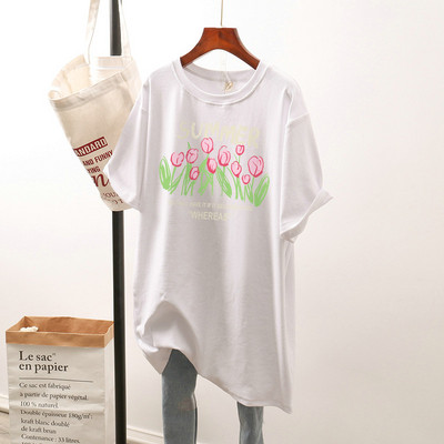 Kokvilnas L-4XL T kreklu kleita Liela izmēra T krekls vidēja garuma īsām piedurknēm sieviešu tops ziedu vasaras O kakla lielizmēra T krekli