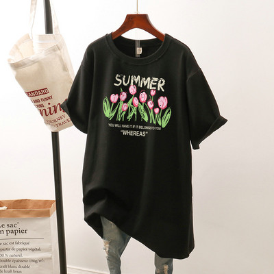 Kokvilnas L-4XL T kreklu kleita Liela izmēra T krekls vidēja garuma īsām piedurknēm sieviešu tops ziedu vasaras O kakla lielizmēra T krekli