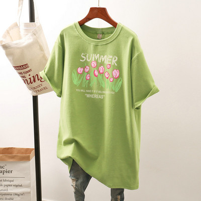 Kokvilnas L-4XL T kreklu kleita Liela izmēra T krekls vidēja garuma īsām piedurknēm sieviešu tops ziedu vasaras O kakla lielizmēra T krekli