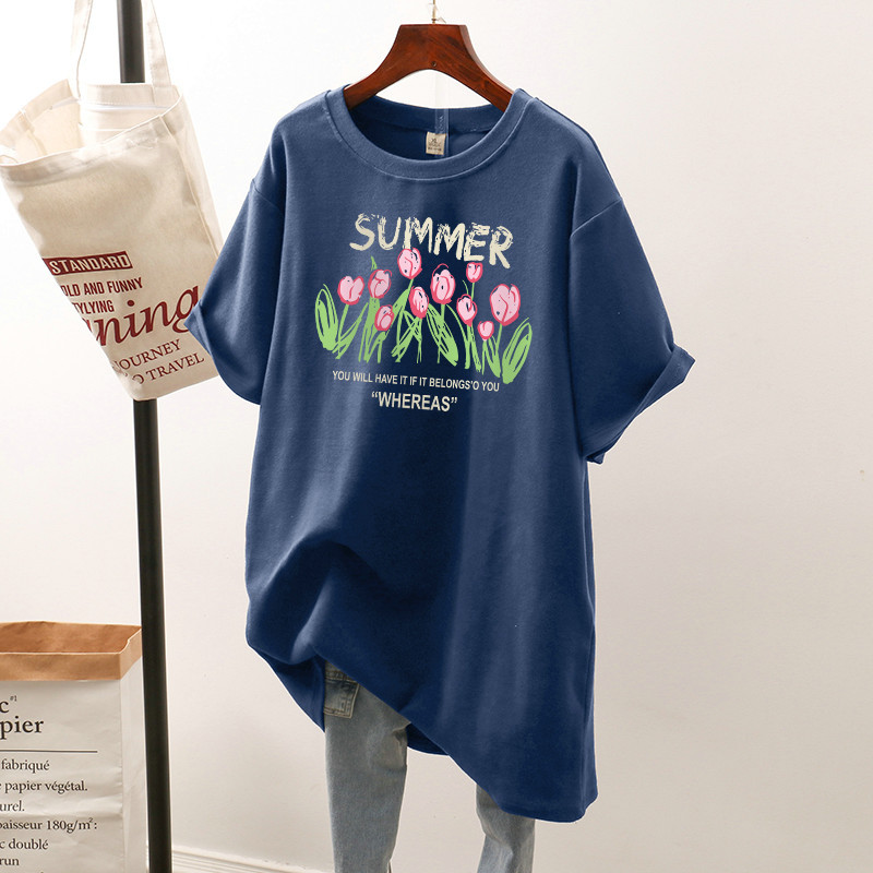 Kokvilnas L-4XL T kreklu kleita Liela izmēra T krekls vidēja garuma īsām piedurknēm sieviešu tops ziedu vasaras O kakla lielizmēra T krekli