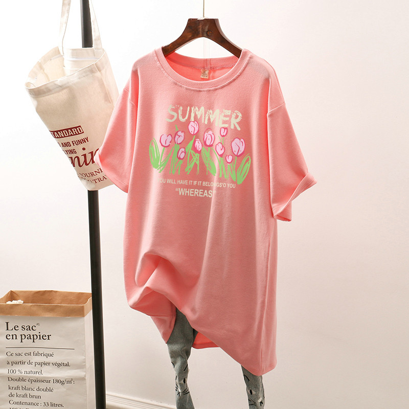 Kokvilnas L-4XL T kreklu kleita Liela izmēra T krekls vidēja garuma īsām piedurknēm sieviešu tops ziedu vasaras O kakla lielizmēra T krekli