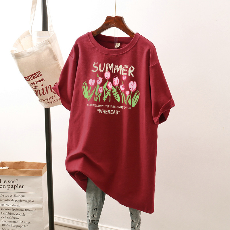 Kokvilnas L-4XL T kreklu kleita Liela izmēra T krekls vidēja garuma īsām piedurknēm sieviešu tops ziedu vasaras O kakla lielizmēra T krekli