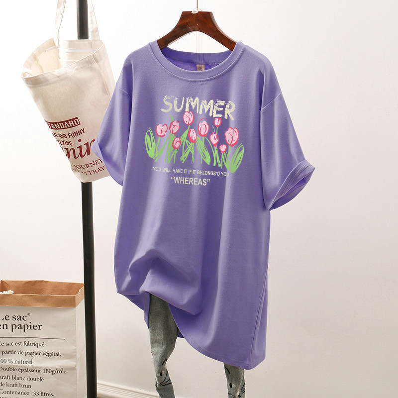 Kokvilnas L-4XL T kreklu kleita Liela izmēra T krekls vidēja garuma īsām piedurknēm sieviešu tops ziedu vasaras O kakla lielizmēra T krekli