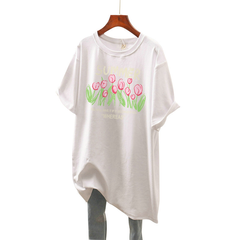 Kokvilnas L-4XL T kreklu kleita Liela izmēra T krekls vidēja garuma īsām piedurknēm sieviešu tops ziedu vasaras O kakla lielizmēra T krekli