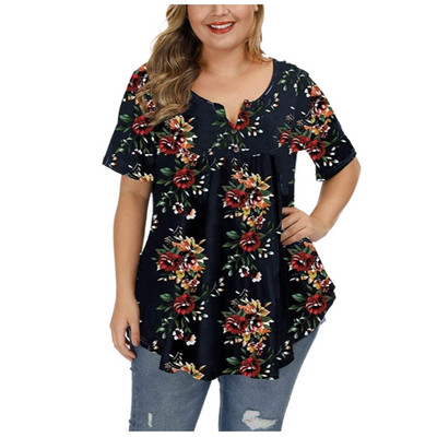 Liela izmēra apģērbs sievietēm 3Xl 4Xl 5Xl Curve Lielizmēra augšējais pogāms kroku ziedu apdruka Tunicas De Mujer 2022 Camiseta Mujer