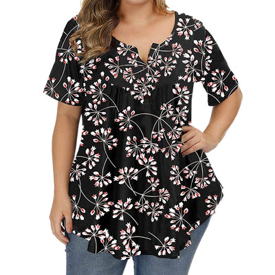 Liela izmēra apģērbs sievietēm 3Xl 4Xl 5Xl Curve Lielizmēra augšējais pogāms kroku ziedu apdruka Tunicas De Mujer 2022 Camiseta Mujer