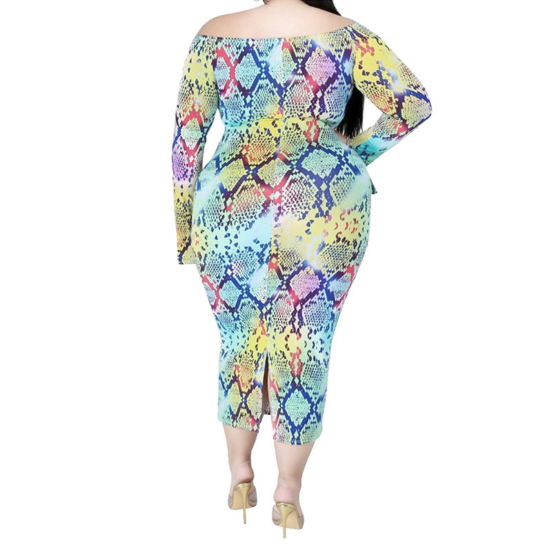 Seksīga viena vārda apkakle ar daudzkrāsu apdruku ar garām piedurknēm rudens sieviešu apģērbi Eleganti lielizmēra soma gurnu vidēja izmēra zīmuļkleitas