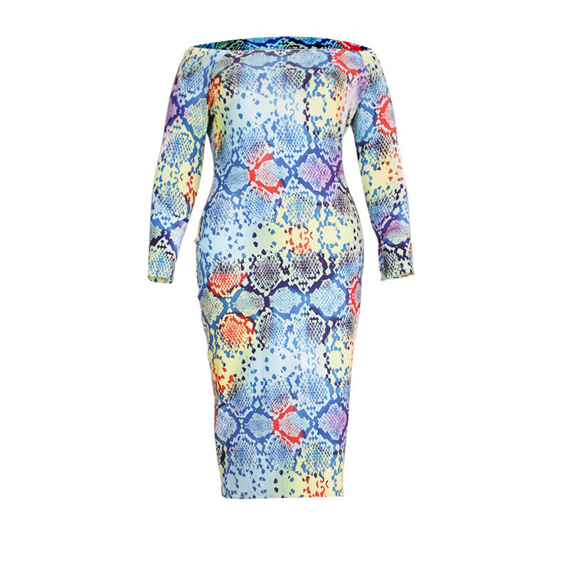 Seksīga viena vārda apkakle ar daudzkrāsu apdruku ar garām piedurknēm rudens sieviešu apģērbi Eleganti lielizmēra soma gurnu vidēja izmēra zīmuļkleitas