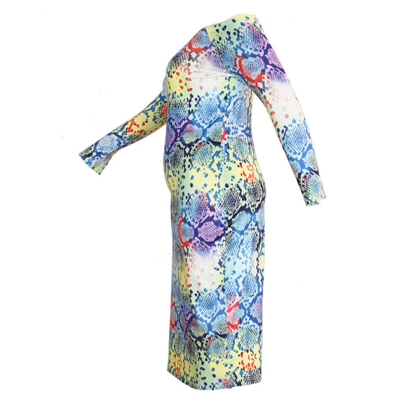 Seksīga viena vārda apkakle ar daudzkrāsu apdruku ar garām piedurknēm rudens sieviešu apģērbi Eleganti lielizmēra soma gurnu vidēja izmēra zīmuļkleitas