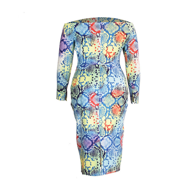 Seksīga viena vārda apkakle ar daudzkrāsu apdruku ar garām piedurknēm rudens sieviešu apģērbi Eleganti lielizmēra soma gurnu vidēja izmēra zīmuļkleitas