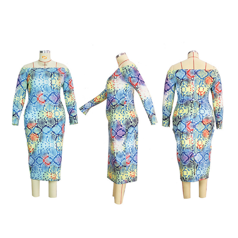 Seksīga viena vārda apkakle ar daudzkrāsu apdruku ar garām piedurknēm rudens sieviešu apģērbi Eleganti lielizmēra soma gurnu vidēja izmēra zīmuļkleitas