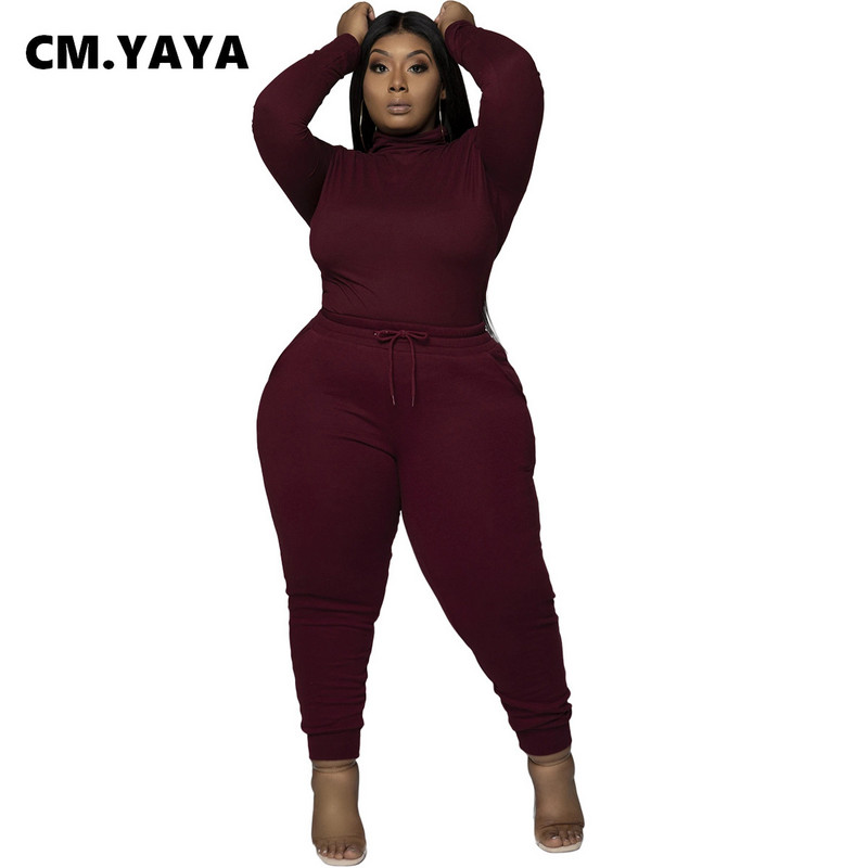 CM.YAYA Active Plus Size L-5XL Sieviešu komplekts ar bruņurupuču apkakli, topi Jogger bikses, atbilstošs komplekts treniņtērps Fitness divdaļīgs komplekts.