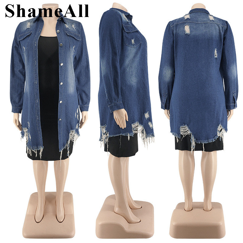 Liela izmēra vintage plēstas džinsu jakas ar garām piedurknēm 4XL sieviešu ielas apģērba kabatas zila džinsa jaka Harajuk vaļīgs džinsu mētelis