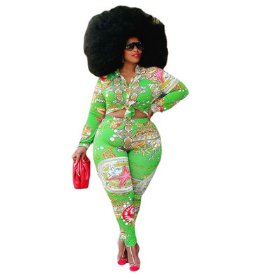 Colectați talie Imprimare Costum Plus Size Femei Fashion Sexy Slim Set Casual Verde Două Piese Tinuta Îmbrăcăminte asortată