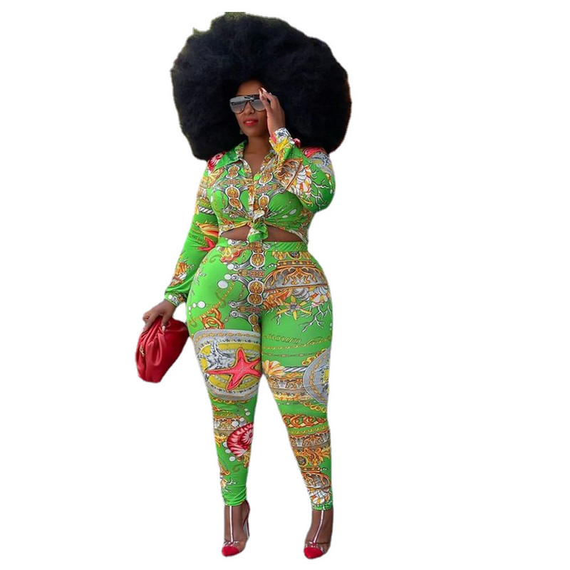 Colectați talie Imprimare Costum Plus Size Femei Fashion Sexy Slim Set Casual Verde Două Piese Tinuta Îmbrăcăminte asortată