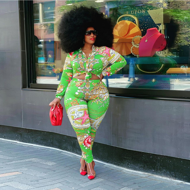 Colectați talie Imprimare Costum Plus Size Femei Fashion Sexy Slim Set Casual Verde Două Piese Tinuta Îmbrăcăminte asortată