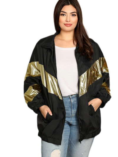 Liela izmēra eleganta pavasara rudens jaka ar garām piedurknēm ikdienas jaka sievietēm zelta melns, metālisks liela izmēra mētelis sievietēm liela izmēra ielas apģērbs