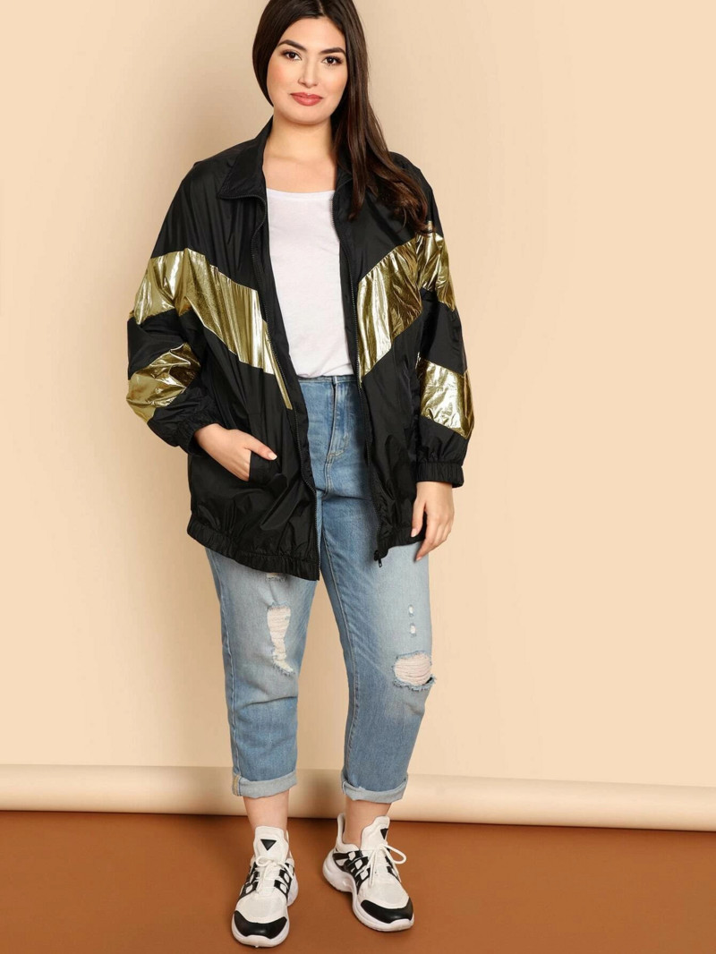 Liela izmēra eleganta pavasara rudens jaka ar garām piedurknēm ikdienas jaka sievietēm zelta melns, metālisks liela izmēra mētelis sievietēm liela izmēra ielas apģērbs