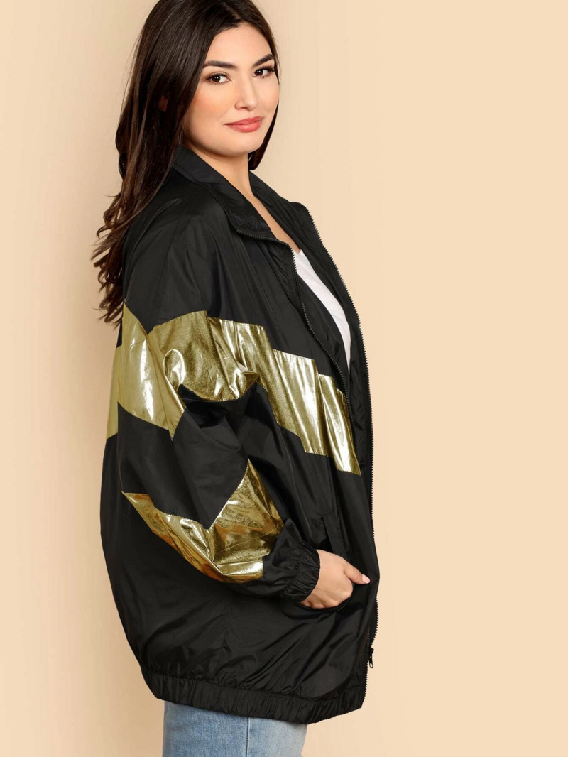 Liela izmēra eleganta pavasara rudens jaka ar garām piedurknēm ikdienas jaka sievietēm zelta melns, metālisks liela izmēra mētelis sievietēm liela izmēra ielas apģērbs