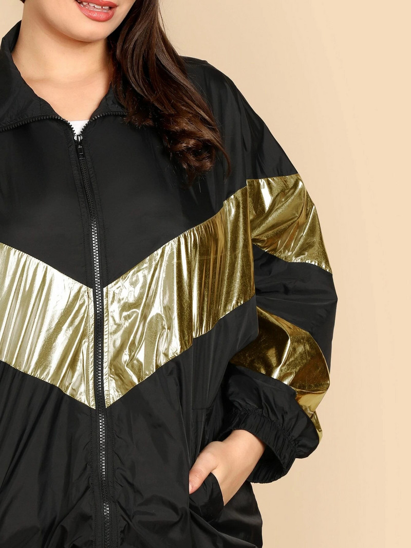 Liela izmēra eleganta pavasara rudens jaka ar garām piedurknēm ikdienas jaka sievietēm zelta melns, metālisks liela izmēra mētelis sievietēm liela izmēra ielas apģērbs