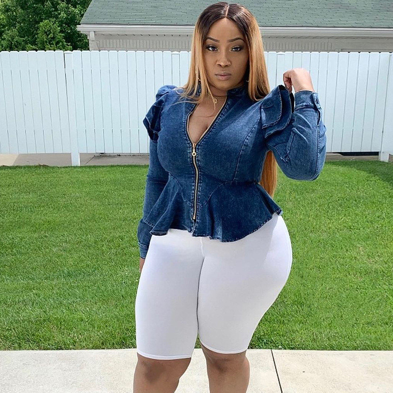 Nagy méretű farmer dzsekik fodros puff ujjú cipzáras farmerkabát 2022 őszi barát farmer női téli női nagykereskedelmi ruha