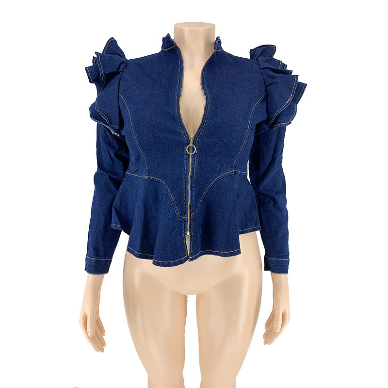 Nagy méretű farmer dzsekik fodros puff ujjú cipzáras farmerkabát 2022 őszi barát farmer női téli női nagykereskedelmi ruha