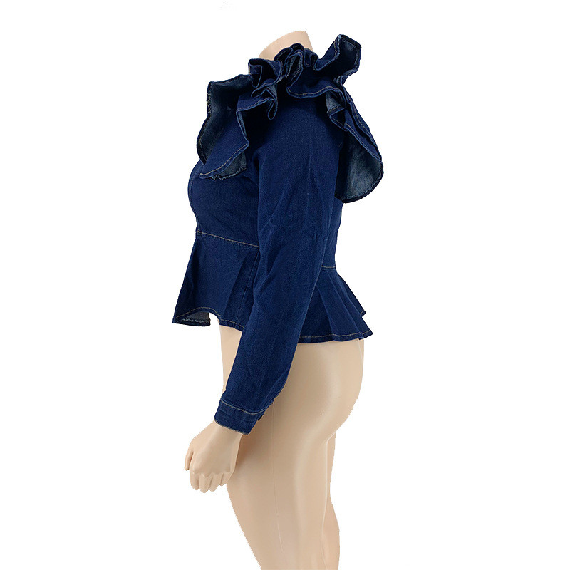 Nagy méretű farmer dzsekik fodros puff ujjú cipzáras farmerkabát 2022 őszi barát farmer női téli női nagykereskedelmi ruha