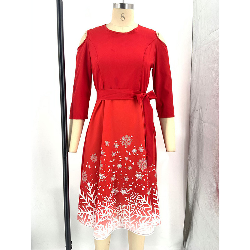 Temperamentum elegáns, O-nyakú hópehely nyomott vállon háromnegyedes ujjú őszi fűzős cipzáras Midi nagy méretű női ruha