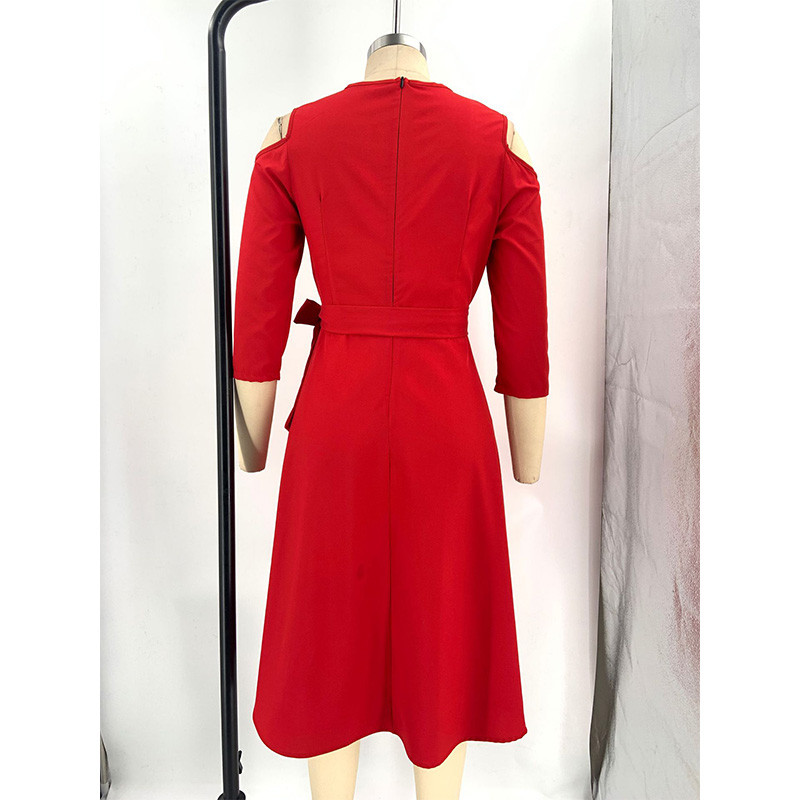 Temperamentum elegáns, O-nyakú hópehely nyomott vállon háromnegyedes ujjú őszi fűzős cipzáras Midi nagy méretű női ruha