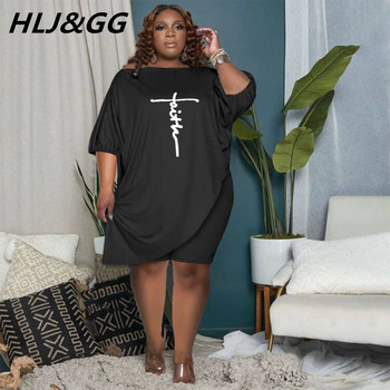 HLJ&GG Plus Size Γυναικείες δύο τεμαχίων L-5XL Casual στάμπα με στρογγυλή λαιμόκοψη και σορτς ποδήλατο αθλητικές φόρμες μόδας Streetwear 2 τμχ.