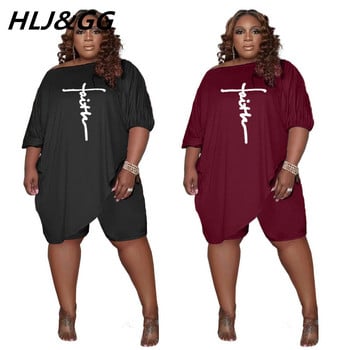 HLJ&GG Plus Size Γυναικείες δύο τεμαχίων L-5XL Casual στάμπα με στρογγυλή λαιμόκοψη και σορτς ποδήλατο αθλητικές φόρμες μόδας Streetwear 2 τμχ.