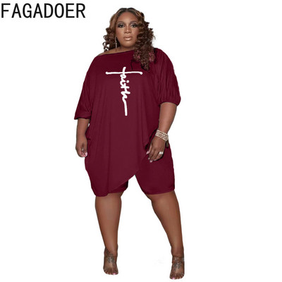 HLJ&GG Liela izmēra sieviešu divdaļīgs L-5XL ikdienišķa apdruka ar apaļu kakla augšdaļu un motociklistu šorti, treniņtērpi, modes ielas apģērbi, 2 gab.