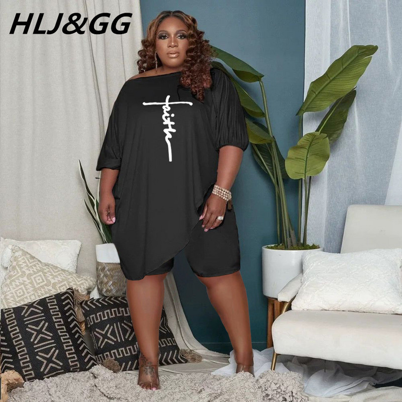 HLJ&GG Liela izmēra sieviešu divdaļīgs L-5XL ikdienišķa apdruka ar apaļu kakla augšdaļu un motociklistu šorti, treniņtērpi, modes ielas apģērbi, 2 gab.