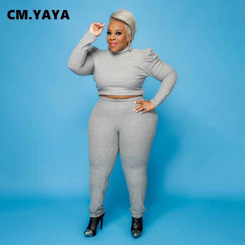 CM.YAYA Activewear liela izmēra L-5XL trikotāžas sieviešu komplekts, džemperis, augšējais legging bikses, kostīms treniņtērps, divdaļīgs fitnesa apģērbs