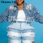 Nagy méretű utcai viselet, rojtos bojt, rövid, vágott farmer dzseki 5xl tavaszi őszi nagy mellű női szorongatott alapkabát felsőruházat