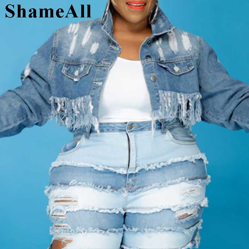 Nagy méretű utcai viselet, rojtos bojt, rövid, vágott farmer dzseki 5xl tavaszi őszi nagy mellű női szorongatott alapkabát felsőruházat