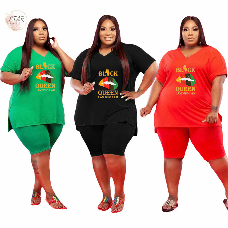 Nagy méretű 2 részes szett Női divatos ajaknyomat rövid ujjú rendőr felső nadrág rövidnadrág szettek kocogó tréningruha nagykereskedés dropshipping