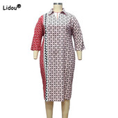 Pavasara un vasaras apģērbi sievietēm ar ģeometrisku apdruku, nolaižams apkakle ar pusi piedurknēm, brīvas kabatas liela izmēra ikdienas midi kleitas