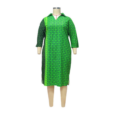 Pavasara un vasaras apģērbi sievietēm ar ģeometrisku apdruku, nolaižams apkakle ar pusi piedurknēm, brīvas kabatas liela izmēra ikdienas midi kleitas