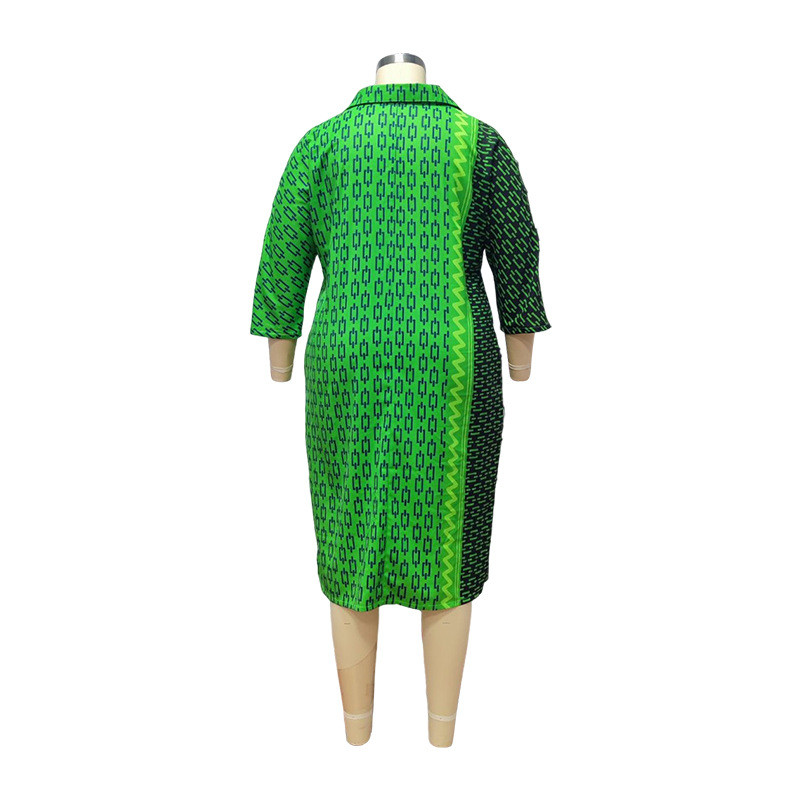 Pavasara un vasaras apģērbi sievietēm ar ģeometrisku apdruku, nolaižams apkakle ar pusi piedurknēm, brīvas kabatas liela izmēra ikdienas midi kleitas